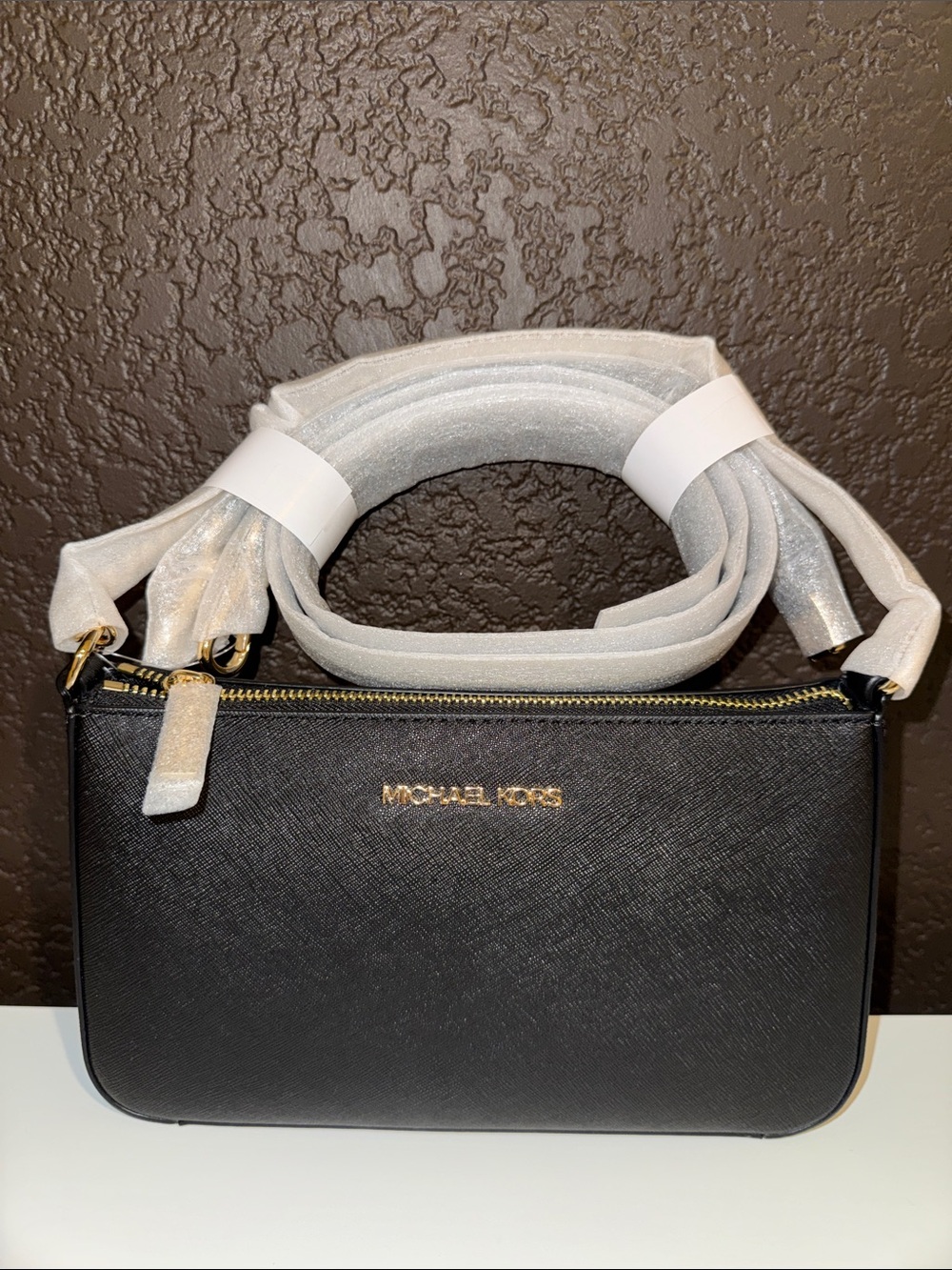Michael Kors Black Saffiano Leather Double-Zip Crossbody with Gold Hardware